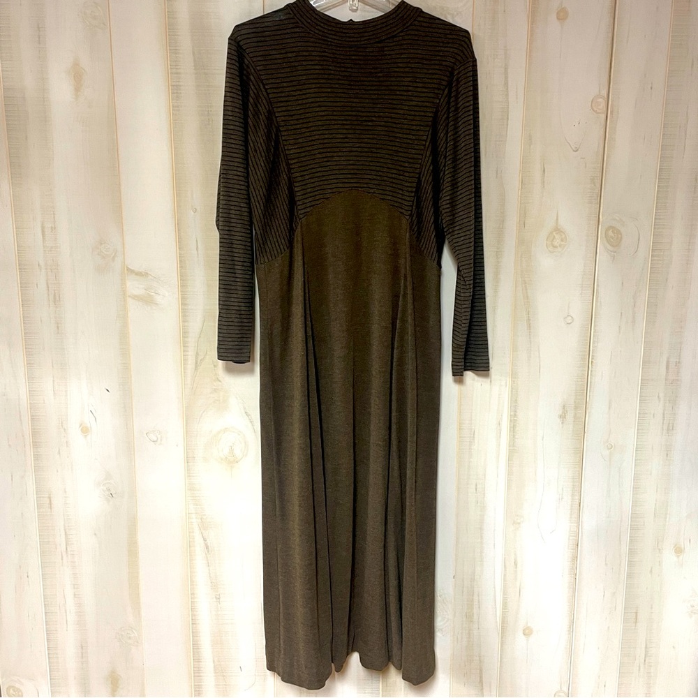 Coldwater Creek Brown Black Stripe Mock Neck Maxi Dress Sz XL